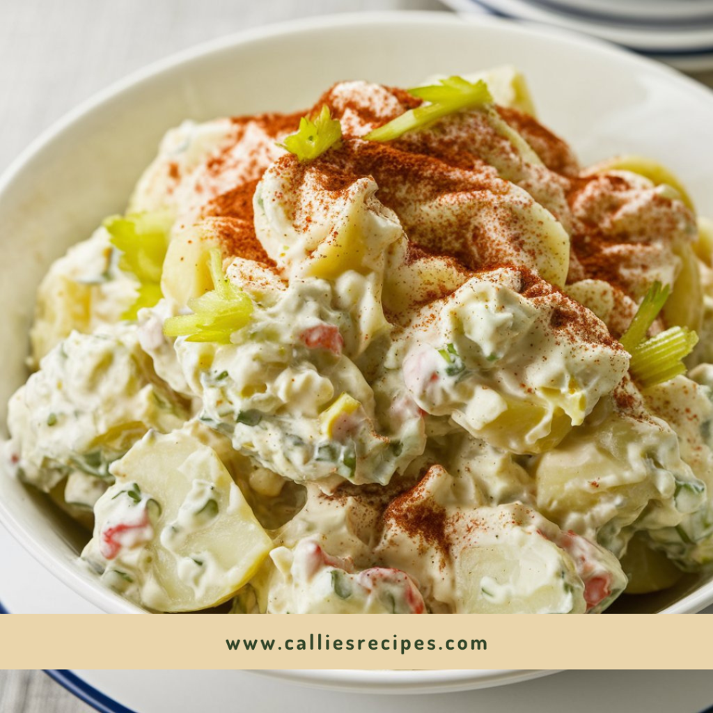 A bowl of creamy Hellmann's Potato Salad Recipe made with tender potatoes, mayonnaise, mustard, and fresh herbs, garnished with paprika