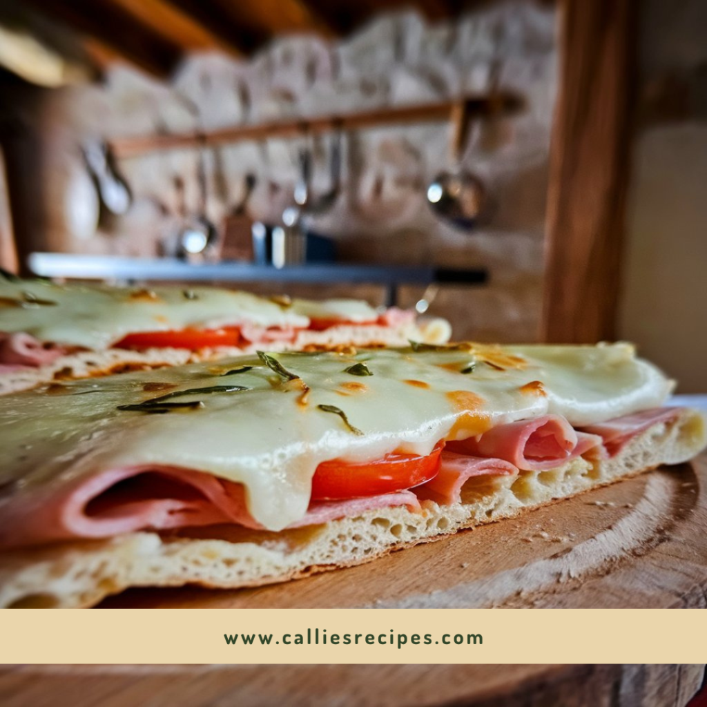 A freshly baked cottage cheese flatbread topped with tomato slices, ham, and herbs