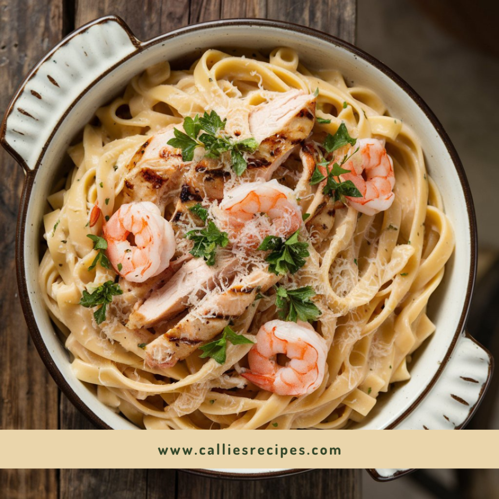 Creamy fettuccine pasta dish with grilled chicken strips and pink shrimp in Cajun Alfredo sauce