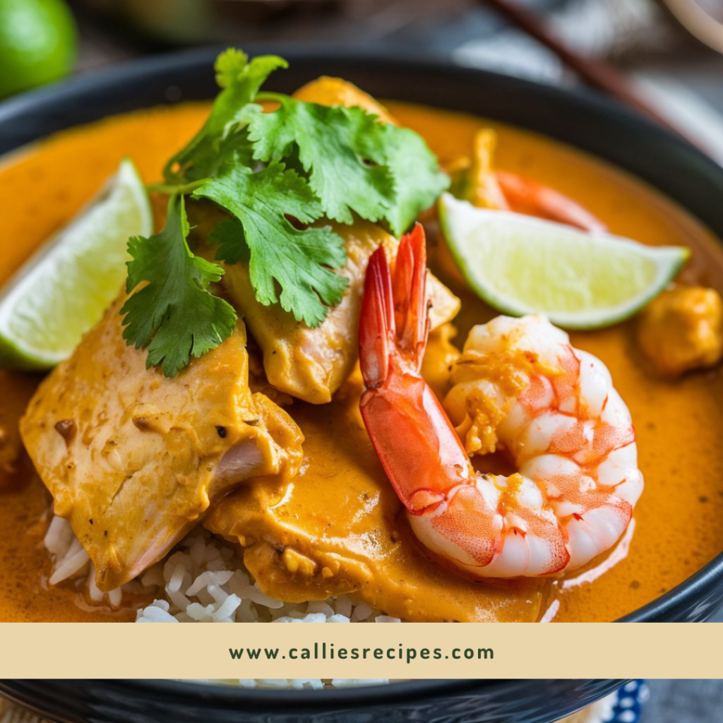 Golden coconut curry with chicken and shrimp served over rice