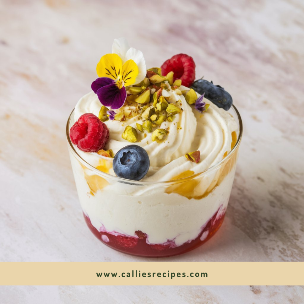 A beautifully plated ricotta cheese dessert recipe, featuring a smooth, creamy texture with a drizzle of honey and fresh berries on top