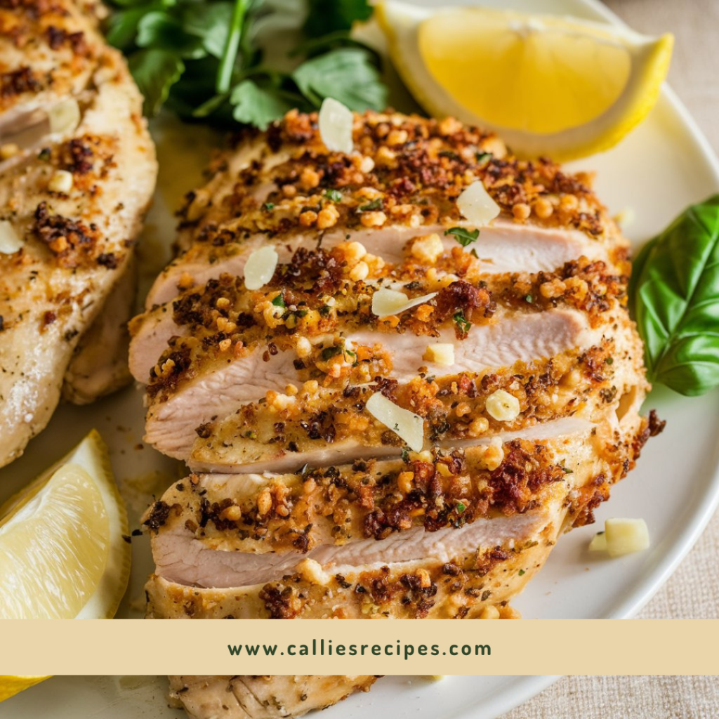 A plate of crispy Garlic Parmesan Thin Sliced Chicken Breast garnished with parsley, garlic, and lemon wedges