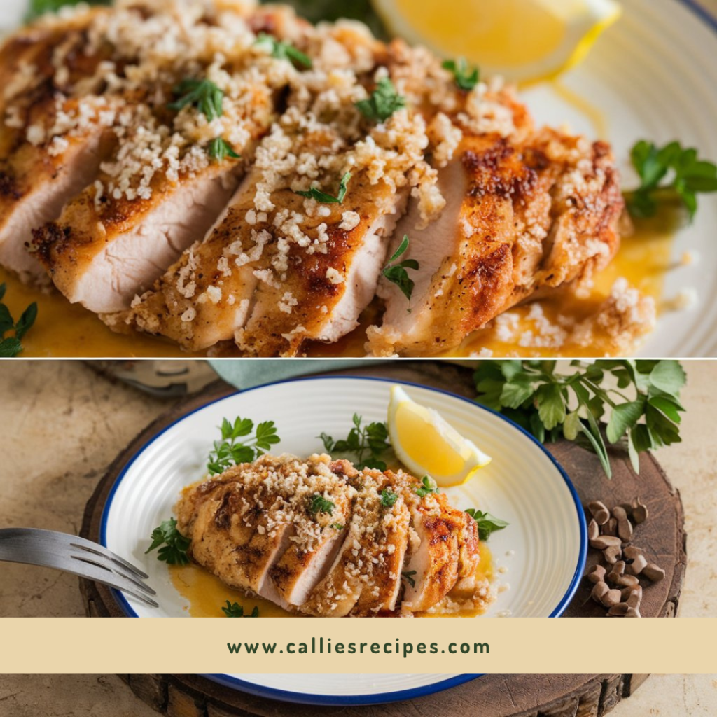 Golden brown thin sliced chicken breast with crispy Parmesan crust on wooden board with herbs and lemon garnish