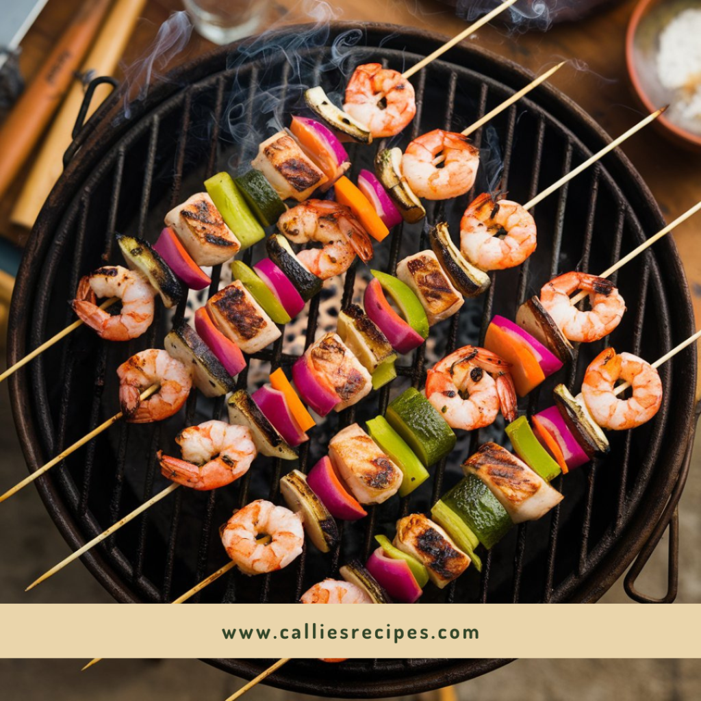 Grilled skewers with chicken, shrimp, and colorful vegetables