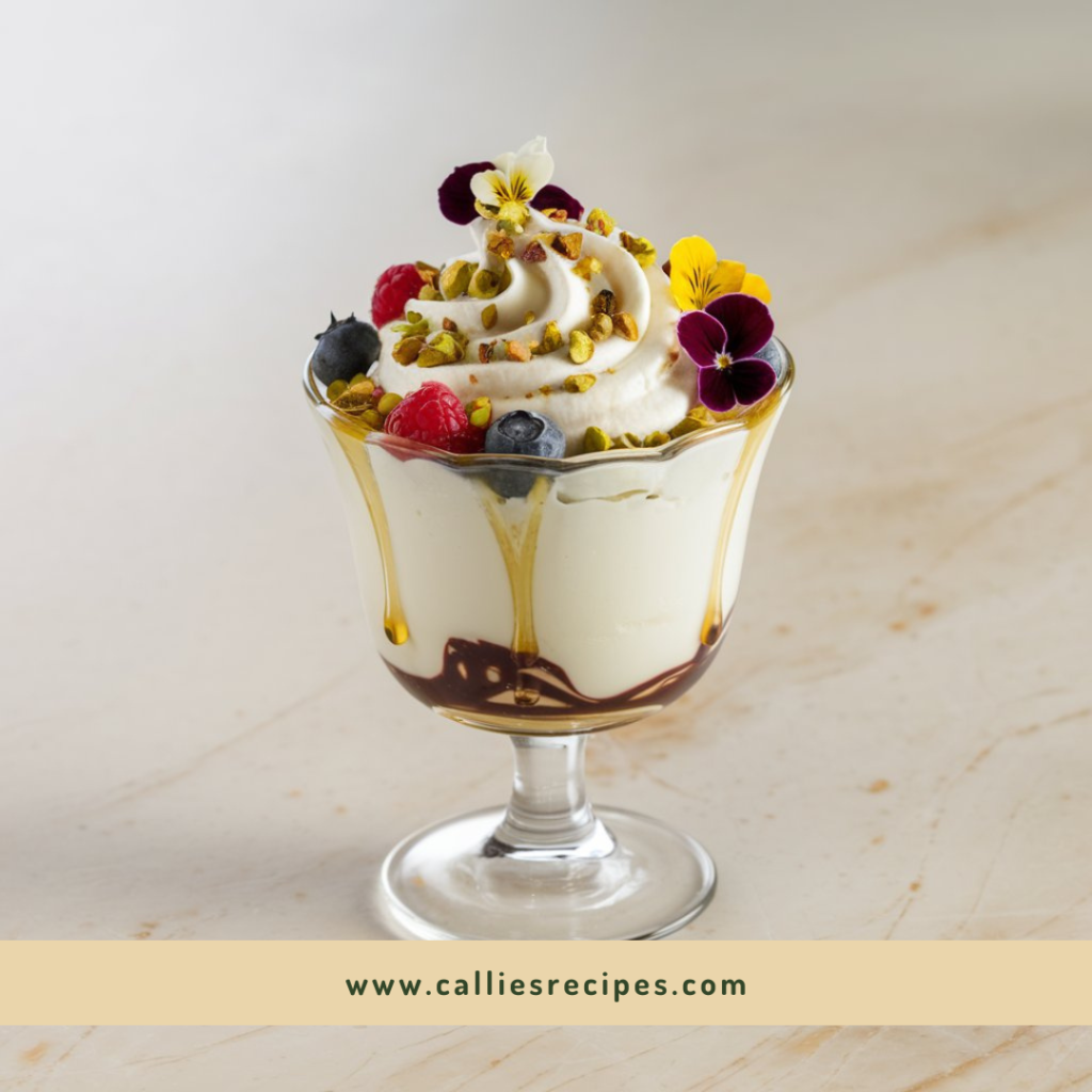 Glass cup filled with whipped ricotta cheesse dessert recipe topped with pistachios, honey, and edible flowers