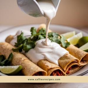 Creamy white enchilada sauce pouring over rolled corn tortillas with fresh garnishes