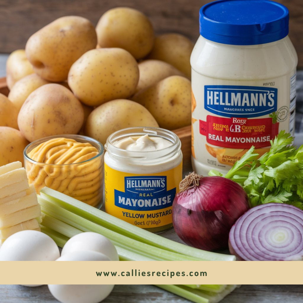 Ingredients for Hellmann's Potato Salad Recipe, including potatoes, Hellmann's mayonnaise, and other components