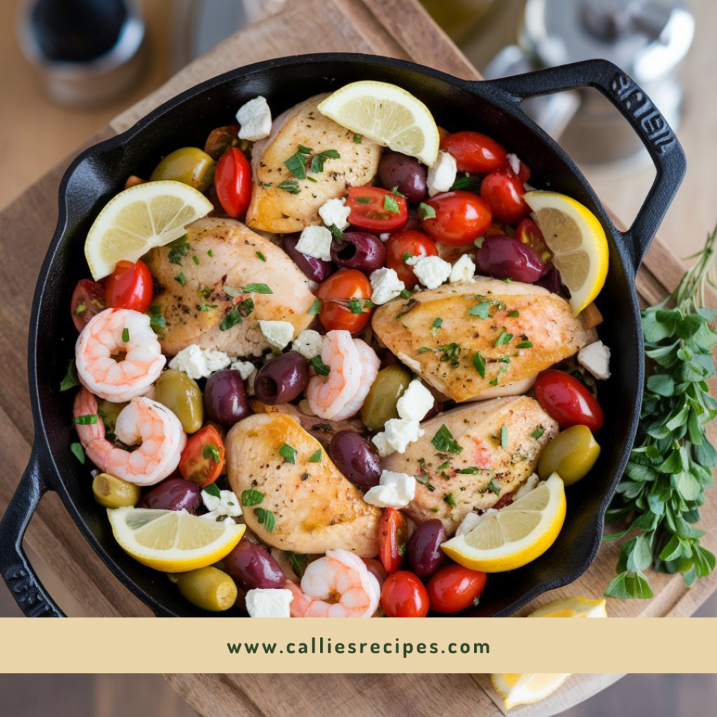 Cast iron skillet with Mediterranean-style chicken, shrimp, tomatoes, olives, and feta