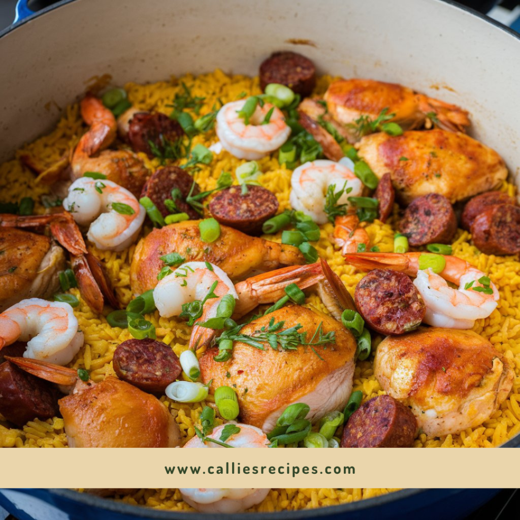 Traditional jambalaya with chicken, shrimp, sausage, and rice