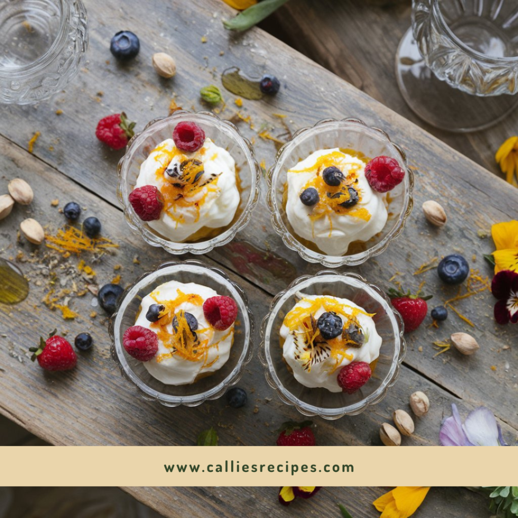 Overhead view of four ricotta desserts in glass bowls with honey and pistachio garnish