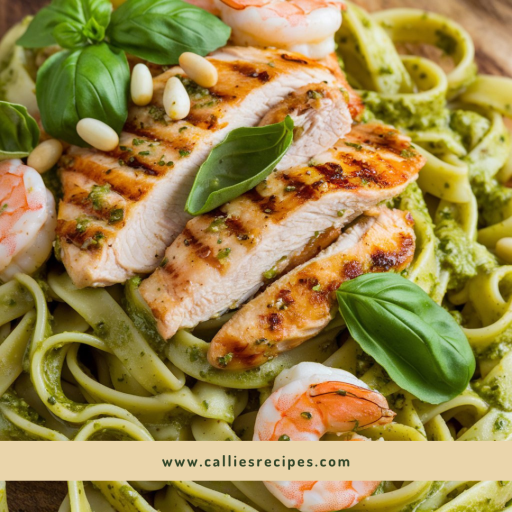 Fettuccine in pesto sauce with chicken strips and shrimp