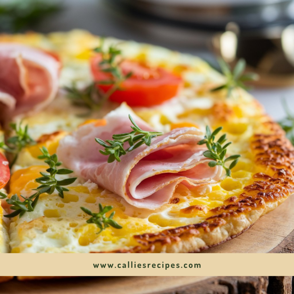 Crispy egg and cottage cheese flatbread recipe with ham and roasted tomatoes