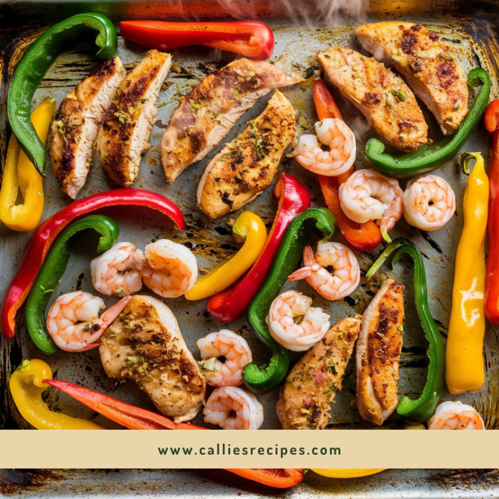 Sheet pan with roasted chicken, shrimp, peppers, and onions for fajitas