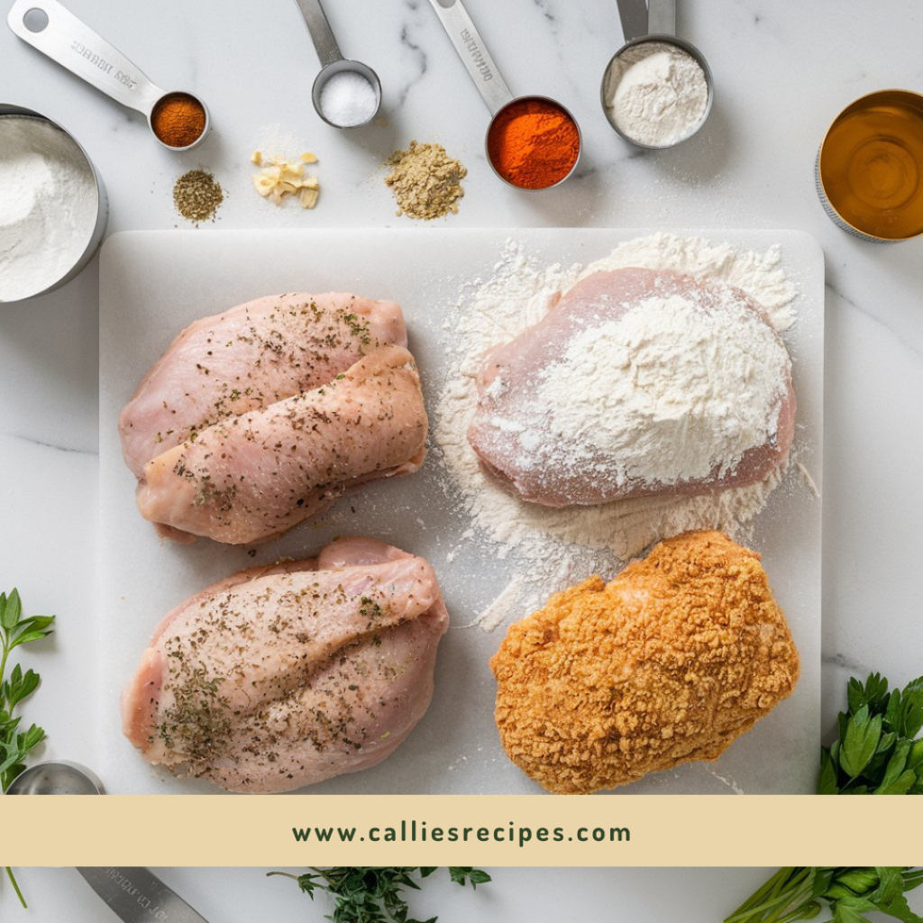 Three stages of thin sliced chicken breast recipes preparation showing coating process on marble countertop with ingredients