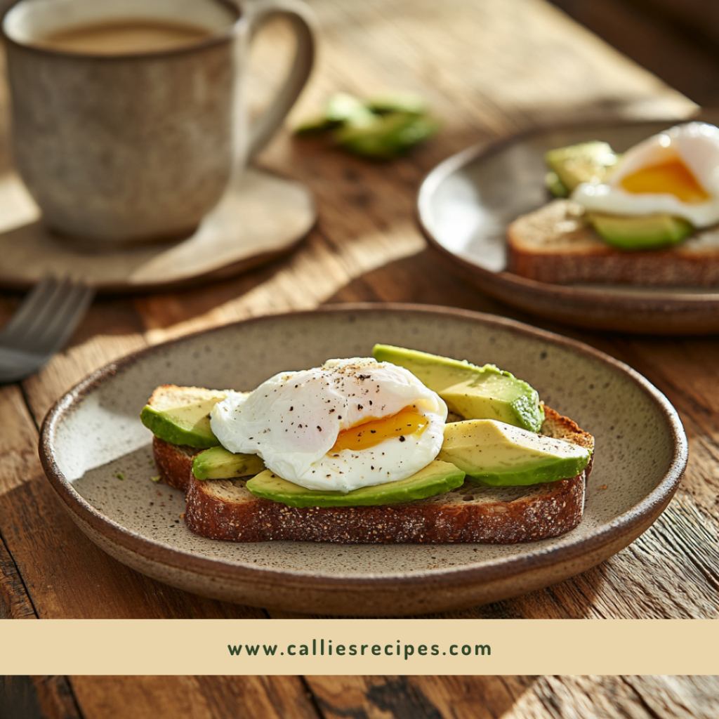 Two plates of avocado toast with poached eggs on a wooden table with coffee and breakfast setting