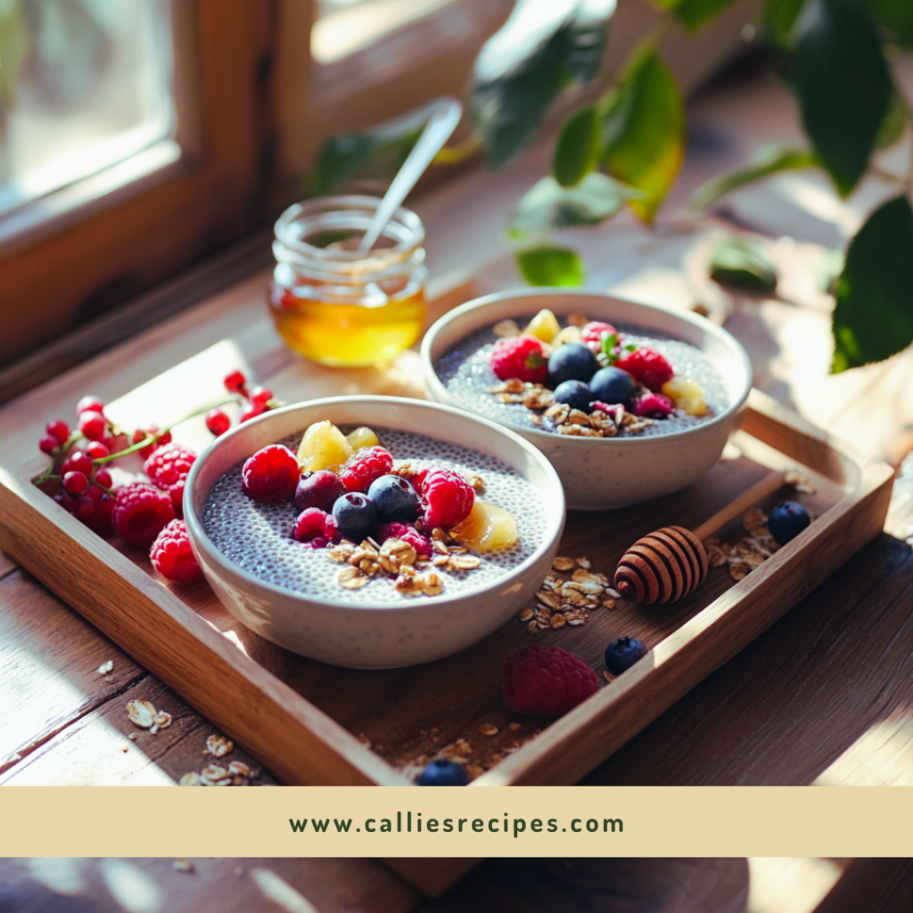 Two chia pudding breakfast bowls on wooden tray with scattered berries and honey