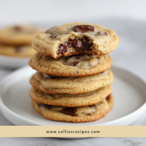 Stack of pale golden cookies with chocolate chunks and sea salt on white plate