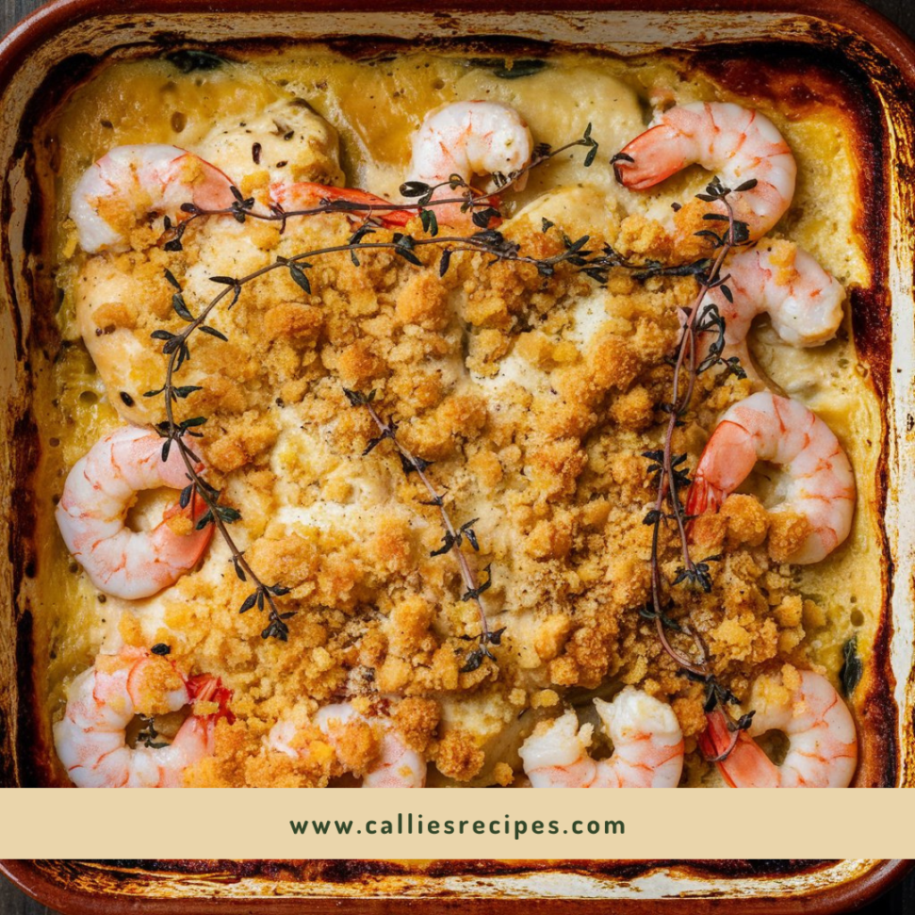 Baked casserole with chicken, shrimp, and breadcrumb topping