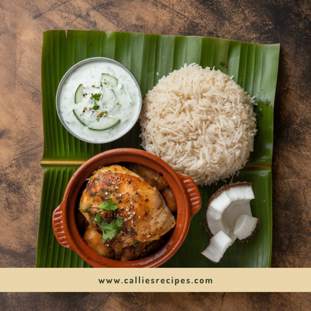 Nariyal chicken served with rice and side dishes