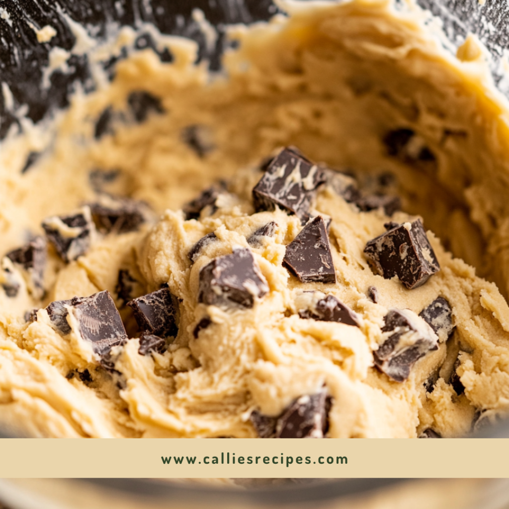 Mixing bowl with cookie dough and chocolate chunks being incorporated