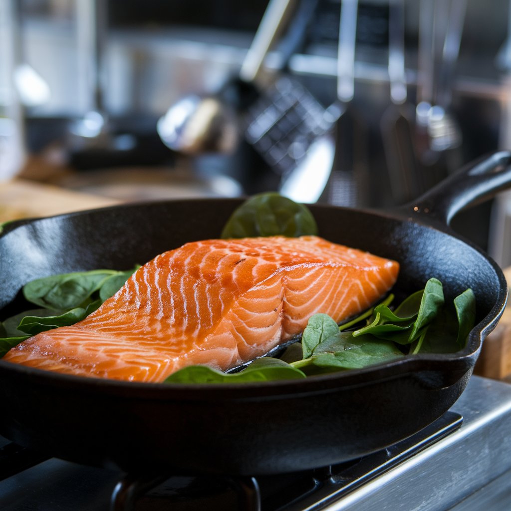 Chef searing salmon in skillet with fresh spinach leaves nearby for the salmon spinach recipe