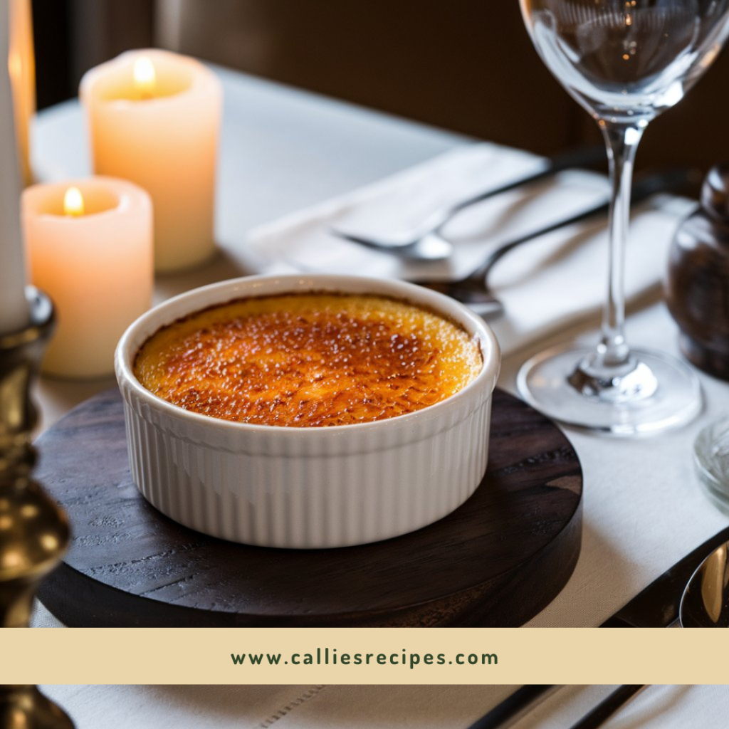 Gourmet crab brulee with caramelized sugar crust in elegant white ramekin