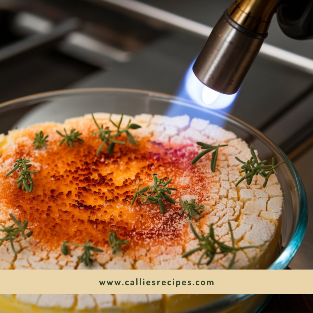 Close-up of kitchen torch caramelizing sugar on crab brulee surface