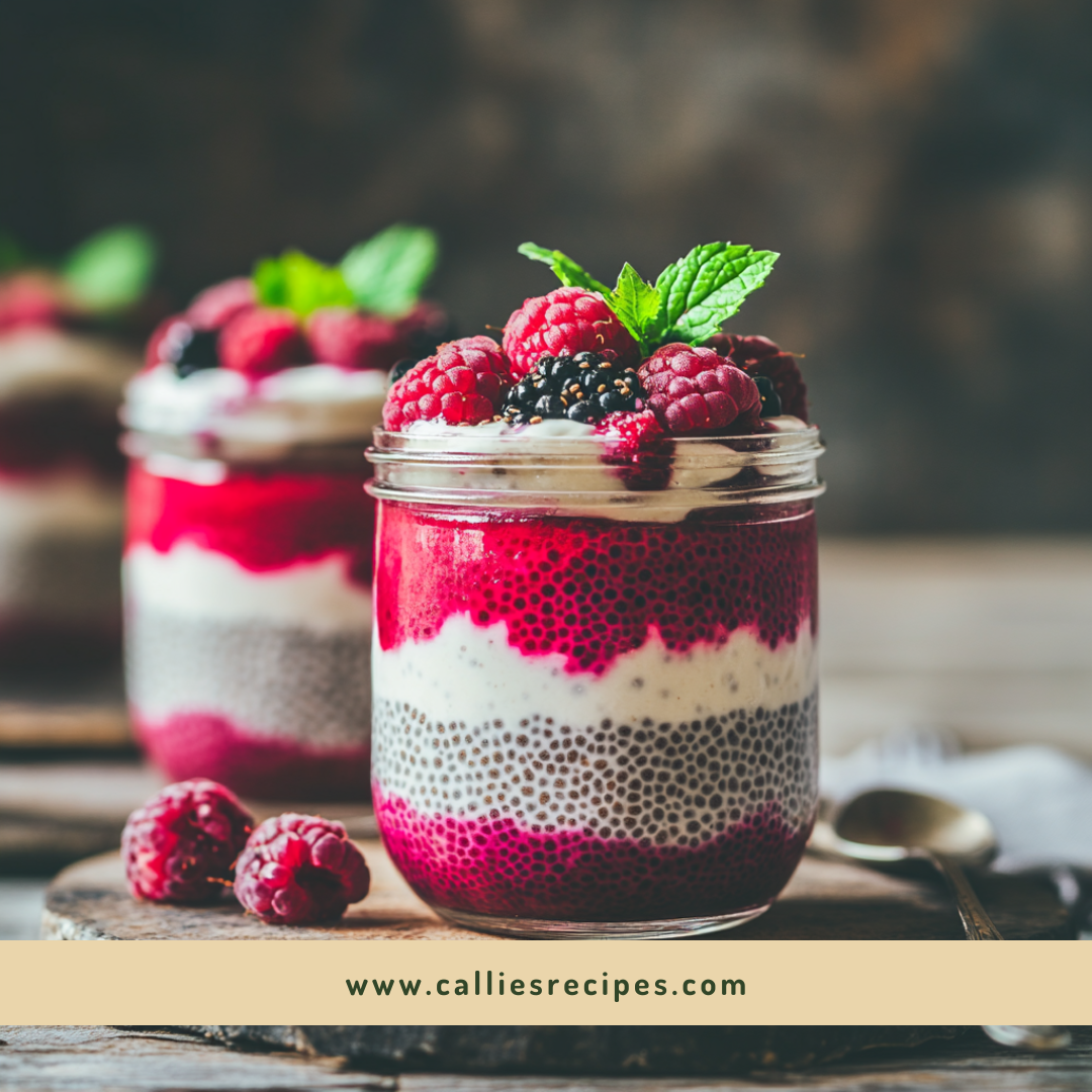 Close-up view of chia seed pudding texture with berry puree swirls