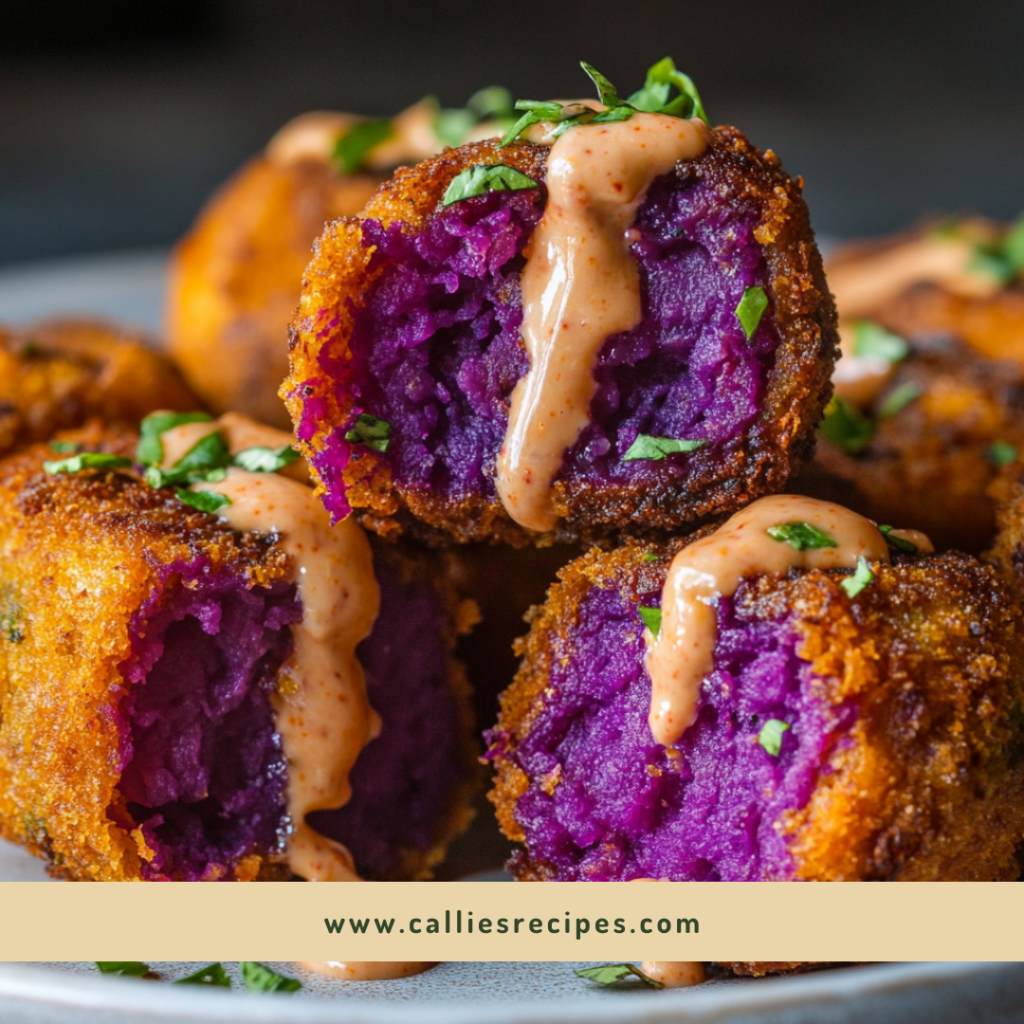 Halved purple sweet potato croquettes showing contrasting golden crust and purple center