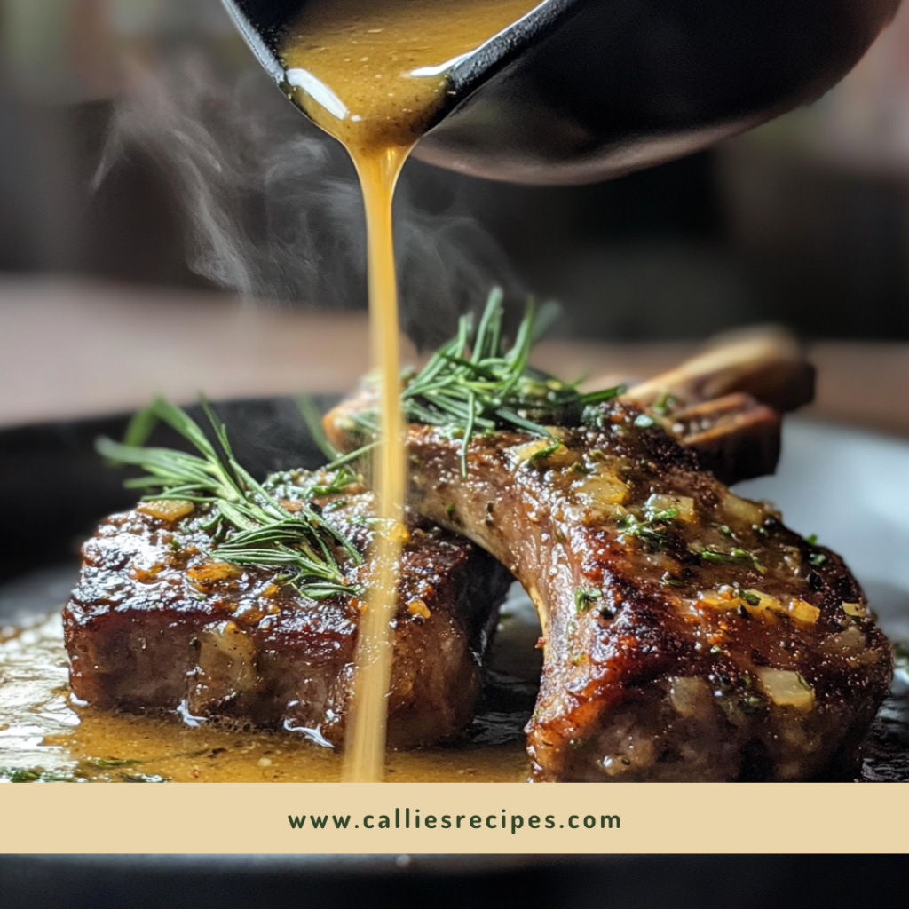 Pouring garlic-rosemary sauce over lamb shoulder chop recipe