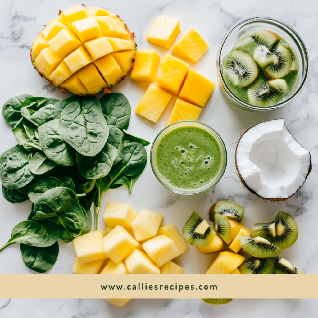 Overhead view of fresh ingredients for island green smoothie arranged on white marble counter