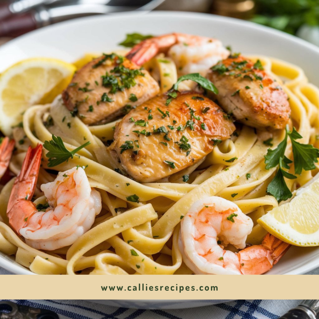 Pasta dish with chicken and shrimp in garlic butter sauce