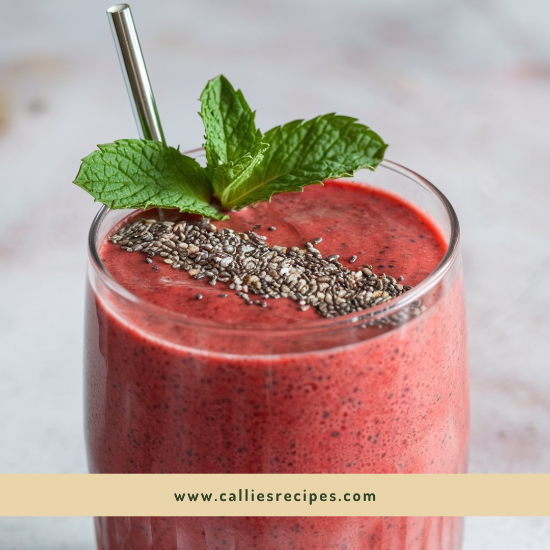 Strawberry smoothie recipe with mint and chia seed garnish