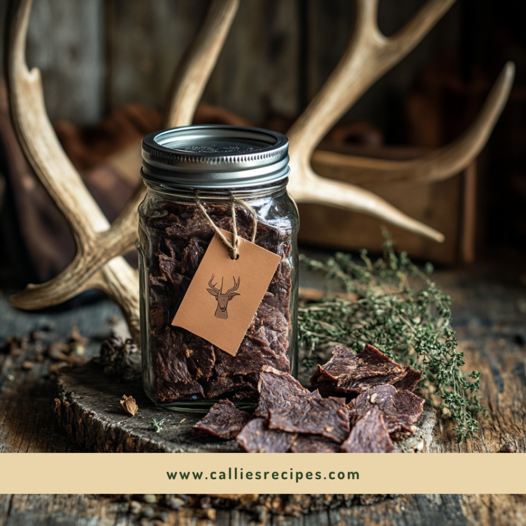 Mason jar filled with ground venison jerky recipe displayed with hunting decor