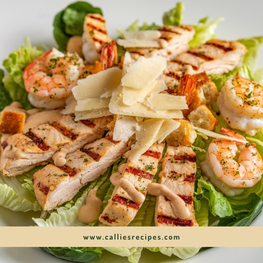 Caesar salad topped with grilled chicken strips and seasoned shrimp