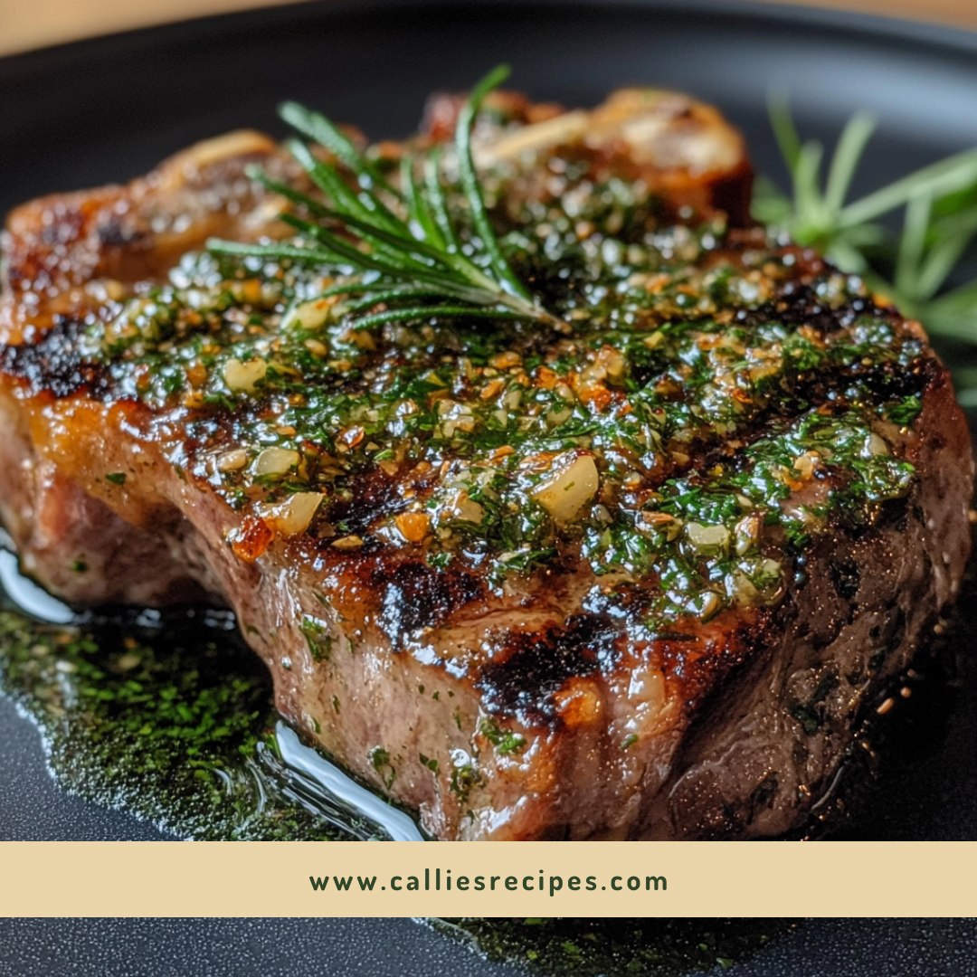 Herb-crusted lamb shoulder chop recipe on dark plate with garlic-rosemary sauce