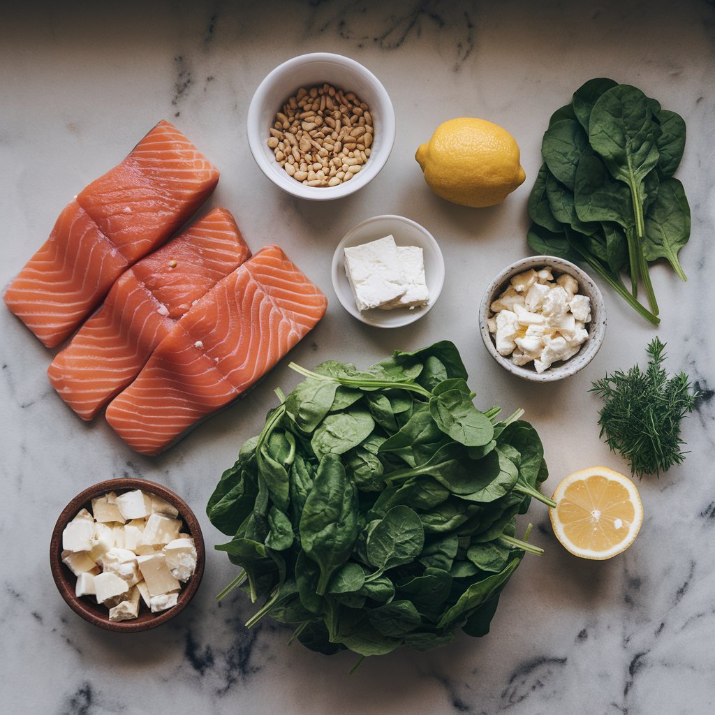 Overhead view of fresh salmon, spinach, pine nuts, and Mediterranean ingredients on a marble surface for salmon spinach recipe