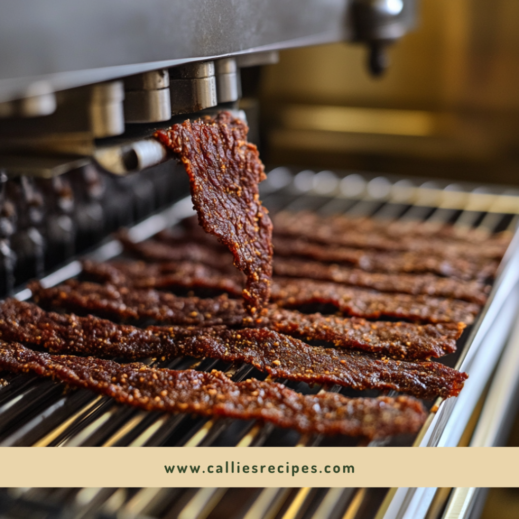 Ground venison being pressed through jerky gun onto dehydrator tray