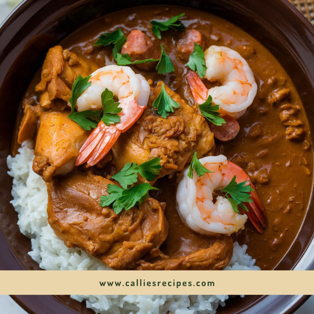 Bowl of dark gumbo with chicken, shrimp, and rice