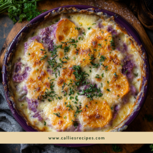 Bubbling hot purple sweet potatoes gratin in ceramic baking dish with golden cheese crust