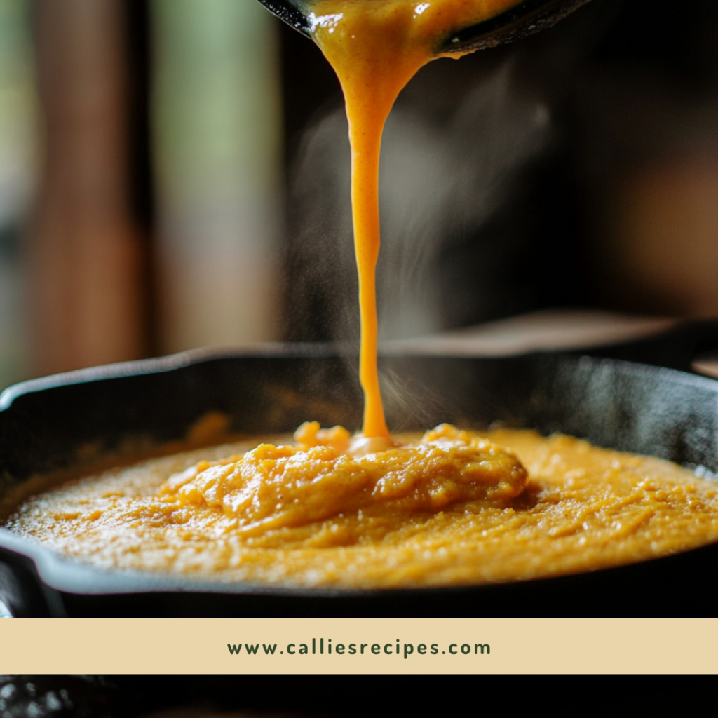 Hand pouring orange-tinted cornbread batter into a smoking hot cast iron skillet