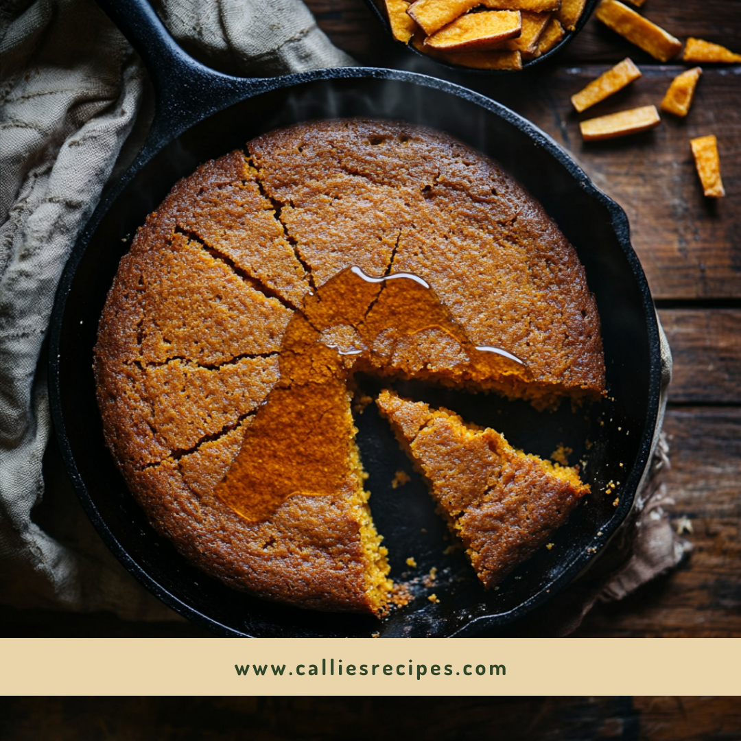 Freshly baked sweet potato cornbread in cast iron skillet with honey drizzle and butter pat melting on top