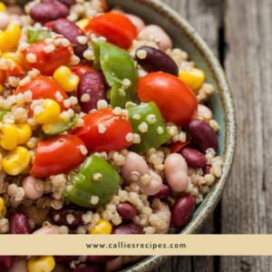 Vibrant dense bean salad recipe with mixed vegetables and herbs