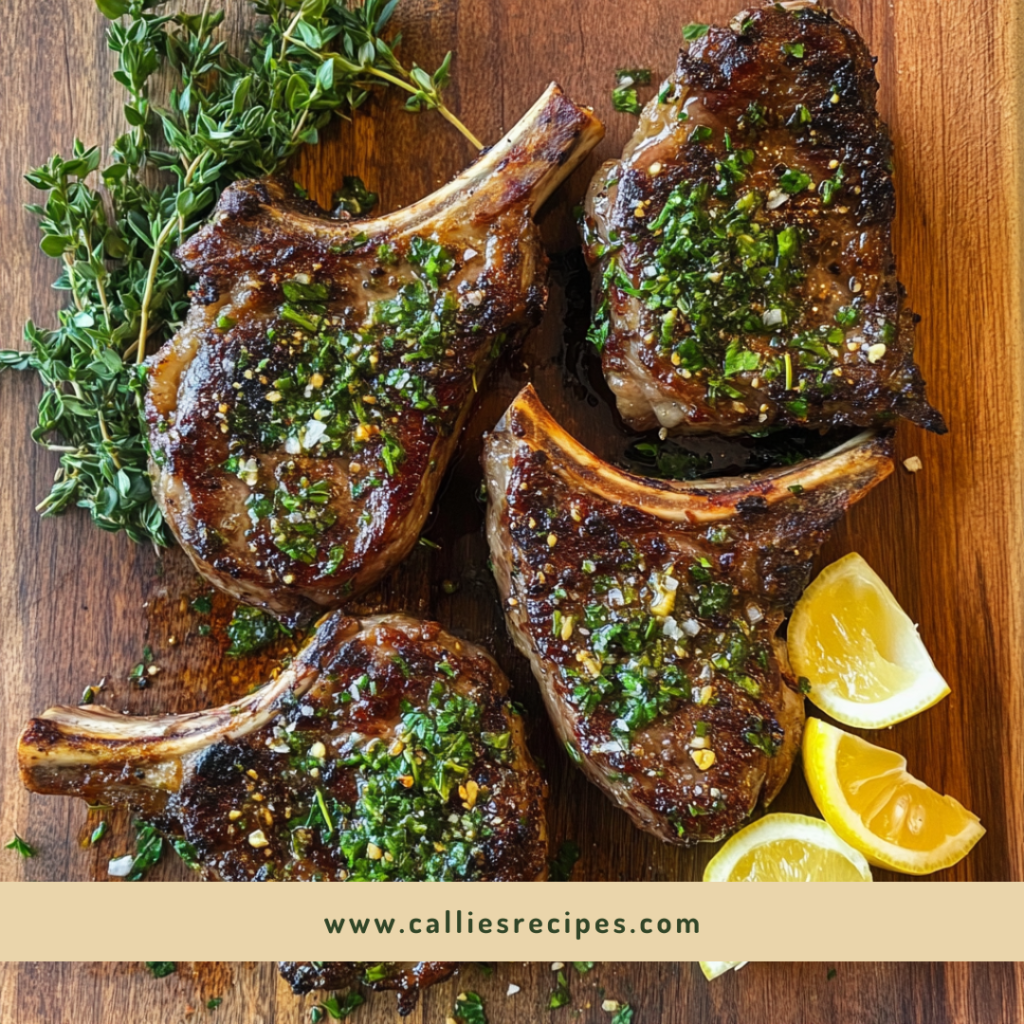 Four cooked lamb shoulder chops on wooden board with herbs