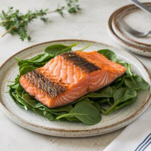 Crispy-skinned salmon spinach recipe served with pine nuts and feta cheese