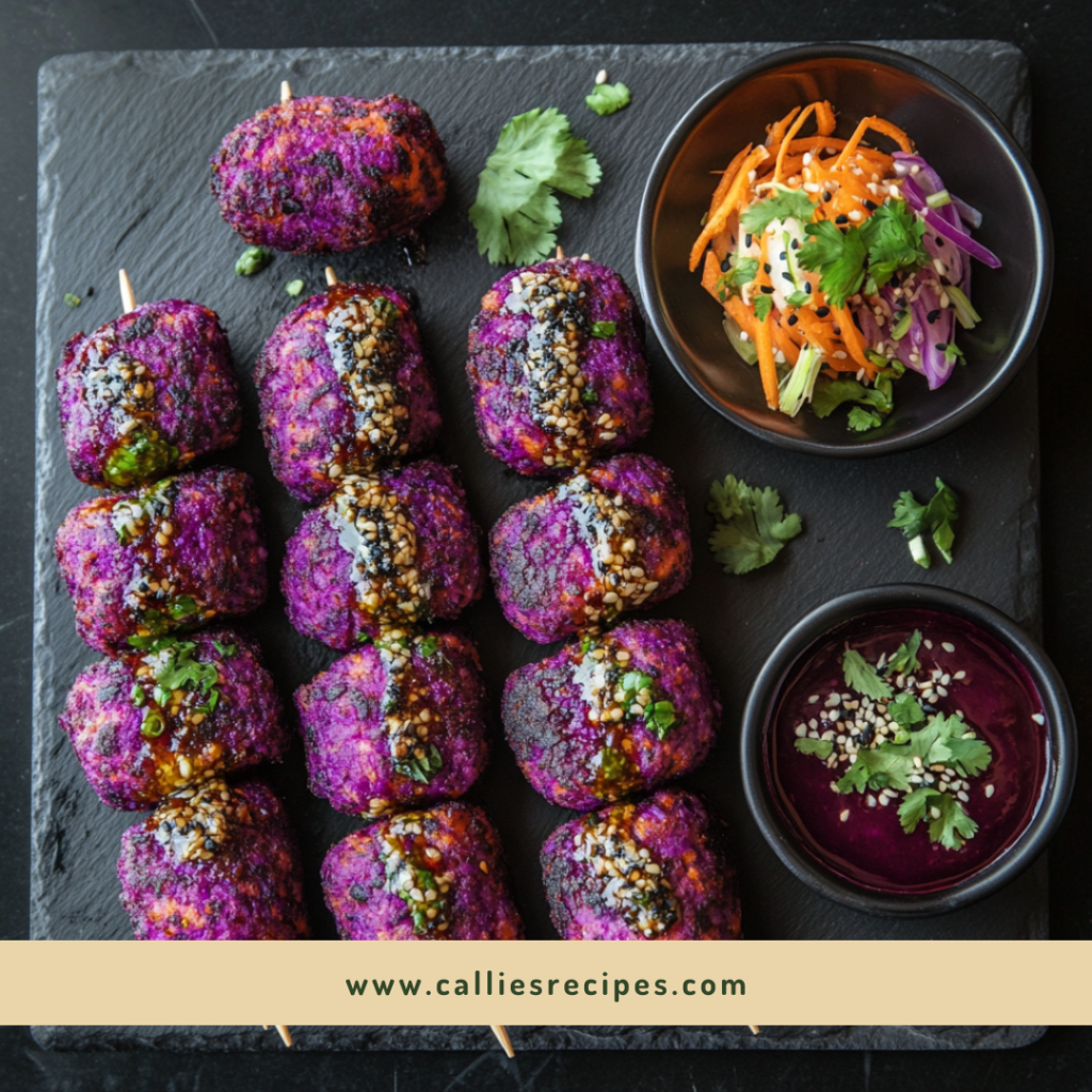 Arranged platter of purple sweet potato croquettes with decorative garnishes and sauce