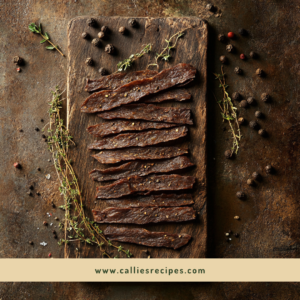 Fresh ground venison jerky strips arranged on wooden board with spices