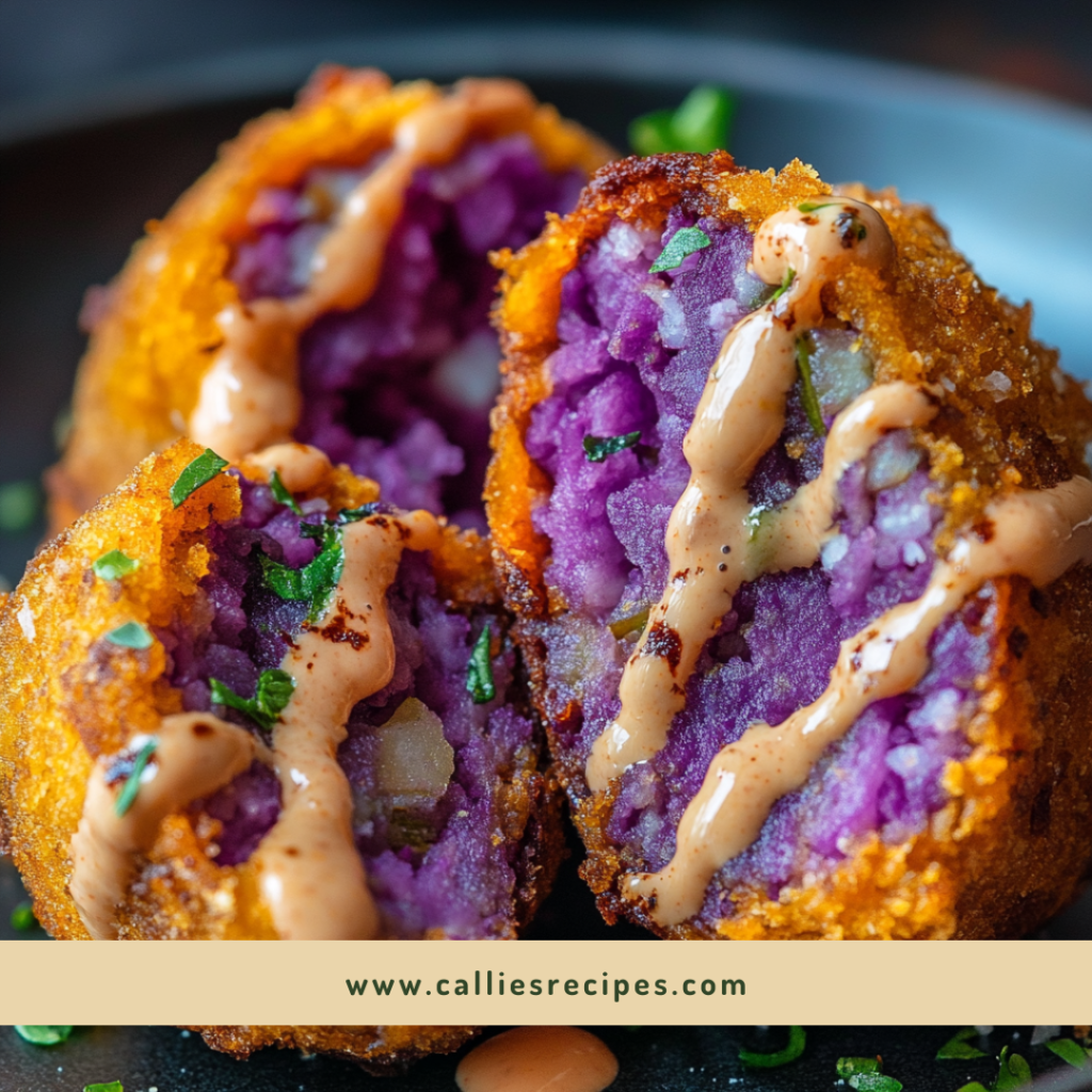 Purple sweet potato croquettes covered orange-colored spicy mayo sauce