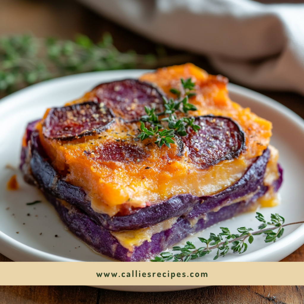 Single serving of purple sweet potatoes gratin on a white plate garnished with fresh thyme sprigs