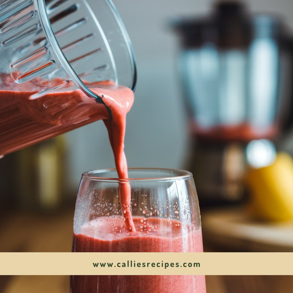 Strawberry smoothie recipe being poured with rich texture